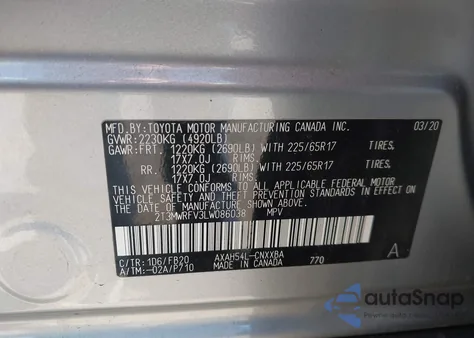 2020 Toyota Rav4 Le z USA, uszkodzony, nr VIN 2T3MWRFV3LW086038